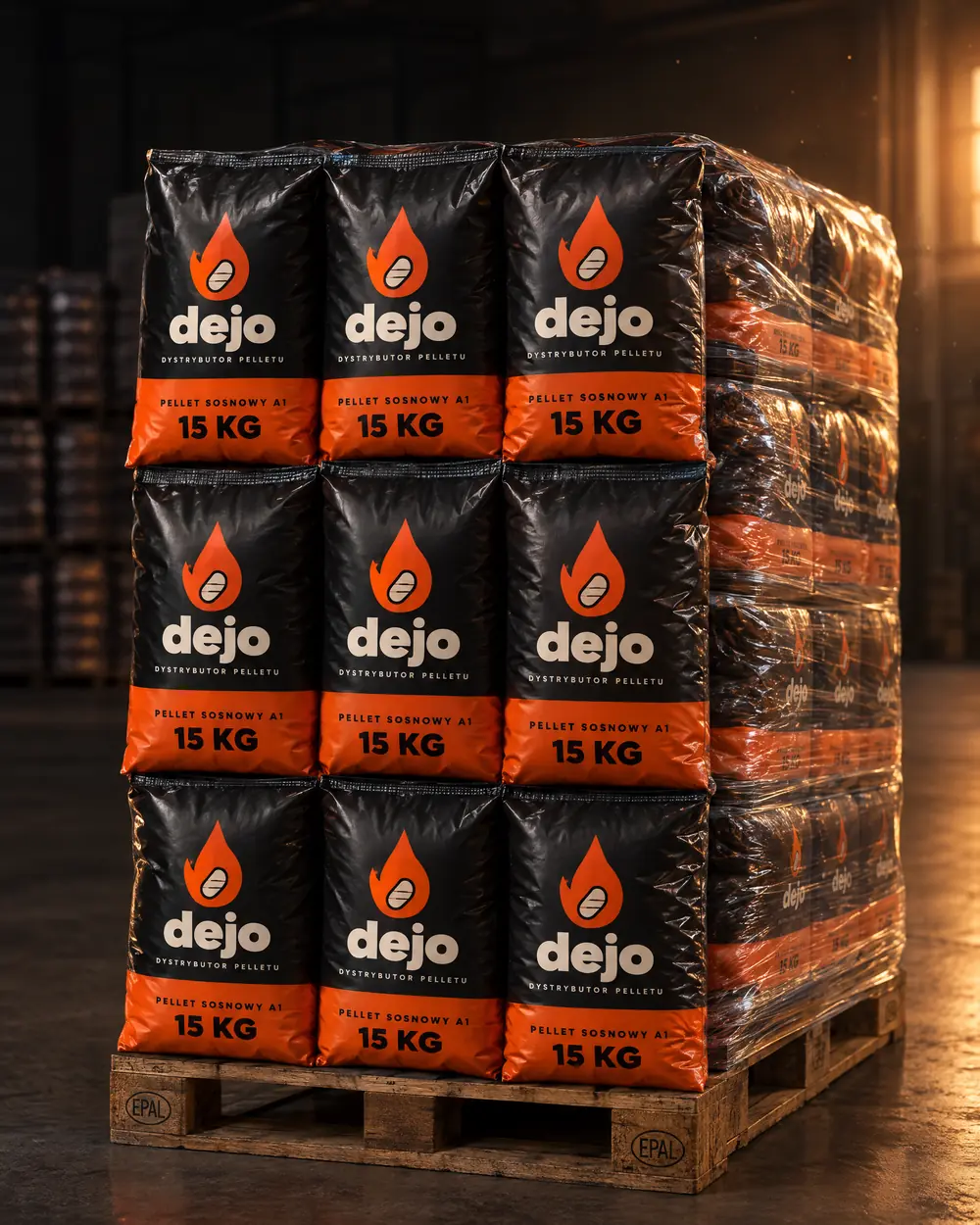 Paleta worków pelletu sosnowego A1 Dejo 15 kg w magazynie